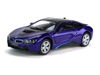 Kinsmart Modellauto BMW i8 Hybrid 13cm,Farbvariante: Lila, mit Flügeltüren und silberne Felgen, hellblaue Kühlerumrandung, schwarzes Dach