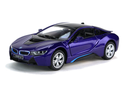 Kinsmart Modellauto BMW i8 Hybrid 13cm,Farbvariante: Lila, mit Flügeltüren und silberne Felgen, hellblaue Kühlerumrandung, schwarzes Dach