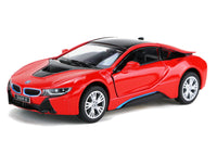 Kinsmart Modellauto BMW i8 Hybrid 13cm,Farbvariante: Rot, mit Flügeltüren und silberne Felgen, hellblaue Kühlerumrandung, schwarzes Dach