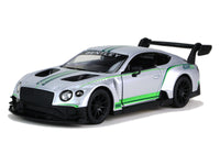 Kinsmart Modellauto Bentley Continental GT3 - 13cm, Farbvariante:Silbergrau, mit Felgen und Heckspoiler, grünschimmernde Streifendetails
