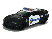 Kinsmart Modellauto Chevrolet Camaro ZL1 Firefighter / Police 13cm, Variante: Polizei, mit Aufdruck Logo, Notfallnummern, Sirenen-Lichtleiste, schwarze Felgen
