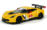 Kinsmart Modellauto Corvette C7.R Race Car 13cm, rote Außenspiegel, schwarze Felgen + Heckspoiler, weißer Sonnenblendstreifen mit "Corvette" Schriftzug, auf der Tür Schriftzug "3" und "GTLM",Farbvariante: Gelb