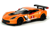 Kinsmart Modellauto Corvette C7.R Race Car 13cm, rote Außenspiegel, schwarze Felgen + Heckspoiler, weißer Sonnenblendstreifen mit "Corvette" Schriftzug, auf der Tür Schriftzug "3" und "GTLM",Farbvariante: Orange