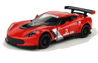 Kinsmart Modellauto Corvette C7.R Race Car 13cm, rote Außenspiegel, schwarze Felgen + Heckspoiler, weißer Sonnenblendstreifen mit "Corvette" Schriftzug, auf der Tür Schriftzug "3" und "GTLM",Farbvariante: Rot
