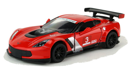 Kinsmart Modellauto Corvette C7.R Race Car 13cm, rote Außenspiegel, schwarze Felgen + Heckspoiler, weißer Sonnenblendstreifen mit "Corvette" Schriftzug, auf der Tür Schriftzug "3" und "GTLM",Farbvariante: Rot