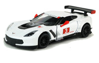 Kinsmart Modellauto Corvette C7.R Race Car 13cm, rote Außenspiegel, schwarze Felgen + Heckspoiler, weißer Sonnenblendstreifen mit "Corvette" Schriftzug, auf der Tür Schriftzug "3" und "GTLM",Farbvariante: Weiß