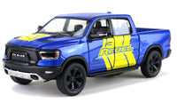 Kinsmart Modellauto Dodge RAM 1500 Pickup 13cm, mit "REBEL" und auffälliger Farblackierung an den Türen sowie hälfte Motorhaube in Gelb, schwarze Felgen + Kühlergrill, Farbvariante: Blau