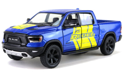 Kinsmart Modellauto Dodge RAM 1500 Pickup 13cm, mit "REBEL" und auffälliger Farblackierung an den Türen sowie hälfte Motorhaube in Gelb, schwarze Felgen + Kühlergrill, Farbvariante: Blau
