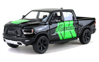 Kinsmart Modellauto Dodge RAM 1500 Pickup 13cm, mit "REBEL" und auffälliger Farblackierung an den Türen sowie hälfte Motorhaube in Grün, schwarze Felgen + Kühlergrill, Farbvariante: Schwarz