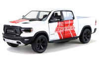 Kinsmart Modellauto Dodge RAM 1500 Pickup 13cm, mit "REBEL" und auffälliger Farblackierung an den Türen sowie hälfte Motorhaube in Rot, schwarze Felgen + Kühlergrill, Farbvariante: Weiß