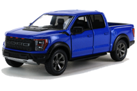 Kinsmart Modellauto Ford F-150 Raptor - 13cm,Kühlergrill+Laderampe schwarz, getönte Scheiben hinten,Farbvariante: Blau