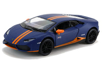 Kinsmart Modellauto Lamborghini LP610-4 Huracan 13cm, mit orangenen: Außenspiegel, 2 Streifen über Motorhaube und Dach + Einstiegsleiste orange, schwarze Felgen, "HURACAN" Kennzeichen, Farbvariante: Blau