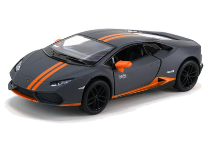 Kinsmart Modellauto Lamborghini LP610-4 Huracan 13cm, mit orangenen: Außenspiegel, 2 Streifen über Motorhaube und Dach + Einstiegsleiste orange, schwarze Felgen, "HURACAN" Kennzeichen, Farbvariante: Dunkelgrau Matt