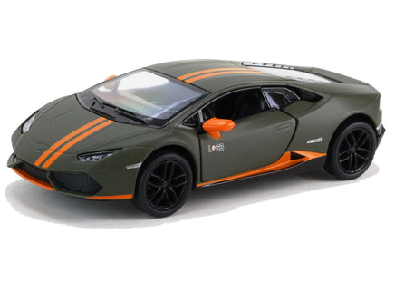 Kinsmart Modellauto Lamborghini LP610-4 Huracan 13cm, mit orangenen: Außenspiegel, 2 Streifen über Motorhaube und Dach + Einstiegsleiste orange, schwarze Felgen, "HURACAN" Kennzeichen, Farbvariante: Olivgrün