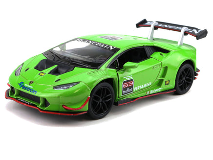 Kinsmart Modellauto Lamborghini LP620-2 Huracan 13cm, schwarze Sonnenblendenfolie + schwarzer Heckspoiler mit weißen Schriftzug "BLANCPAIN", schwarze Felgen, Farbvariante: Grün