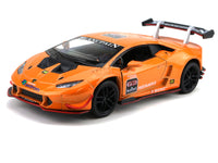 Kinsmart Modellauto Lamborghini LP620-2 Huracan 13cm, schwarze Sonnenblendenfolie + schwarzer Heckspoiler mit weißen Schriftzug "BLANCPAIN", schwarze Felgen, Farbvariante: Orange