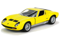 Kinsmart Modellauto Lamborghini Miura 12,5cm, silberne Felgen und Scheibenumrandung, aufklappbare Türen, Farbvariante: Gelb