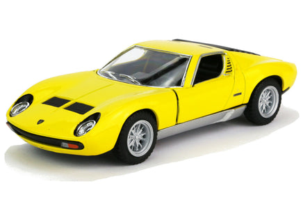 Kinsmart Modellauto Lamborghini Miura 12,5cm, silberne Felgen und Scheibenumrandung, aufklappbare Türen, Farbvariante: Gelb