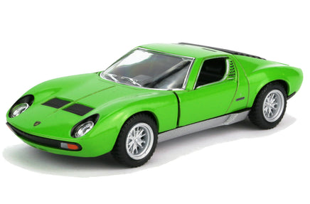Kinsmart Modellauto Lamborghini Miura 12,5cm, silberne Felgen und Scheibenumrandung, aufklappbare Türen, Farbvariante: Grün