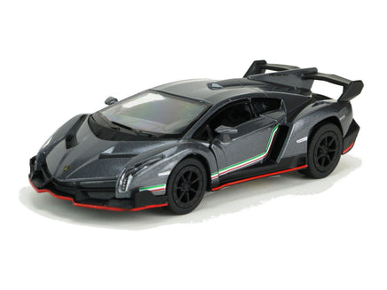 Kinsmart Modellauto Lamborghini Veneno Coupé 13cm, mit Flügeltüren, schwarze Felgen + Heckspoiler, dezenter Seitenstreifen in grün-weiß-rot, Farbvariante: Grau-Silber