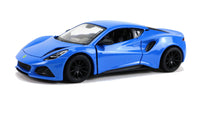 Kinsmart Modellauto Lotus Emira Sportwagen 13cm, mit schwarzen Felgen+Außenspiegel, Farbvariante: Blau