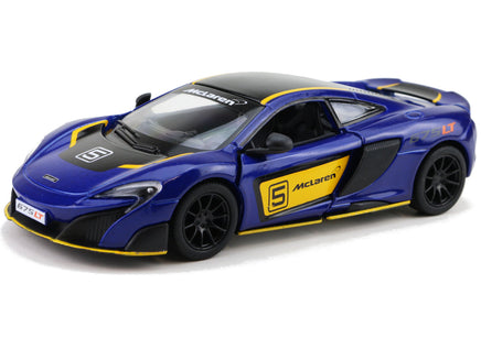 Kinsmart Modellauto McLaren 675LT - 13cm, mit Flügeltüren, schwarze Felgen+ Außenspiegel, schwarzes Dach, mit schwarzen"Mc Laren" Schriftzug an Tür gelb hinterlegt, Farbvariante: Blau