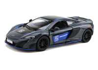 Kinsmart Modellauto McLaren 675LT - 13cm, mit Flügeltüren, schwarze Felgen+ Außenspiegel, schwarzes Dach, mit weißen"Mc Laren" Schriftzug an Tür blau hinterlegt, Farbvariante: Grau
