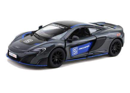 Kinsmart Modellauto McLaren 675LT - 13cm, mit Flügeltüren, schwarze Felgen+ Außenspiegel, schwarzes Dach, mit weißen"Mc Laren" Schriftzug an Tür blau hinterlegt, Farbvariante: Grau