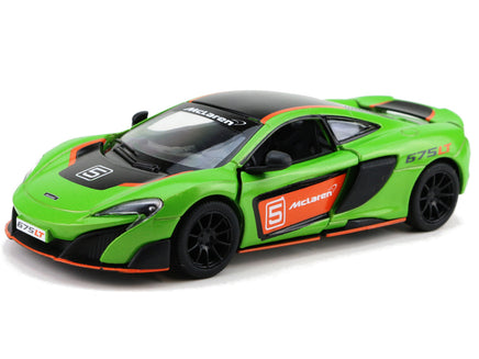 Kinsmart Modellauto McLaren 675LT - 13cm, mit Flügeltüren, schwarze Felgen+ Außenspiegel, schwarzes Dach, mit weißen"Mc Laren" Schriftzug an Tür orange hinterlegt, Farbvariante: Grün