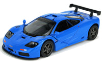 Kinsmart Modellauto McLaren F1 GTR  13cm, mit Flügeltüren, schwarzer Heckspoiler, Sonnenblende mit "GTR" Schriftzug, Farbvariante: Hellblau