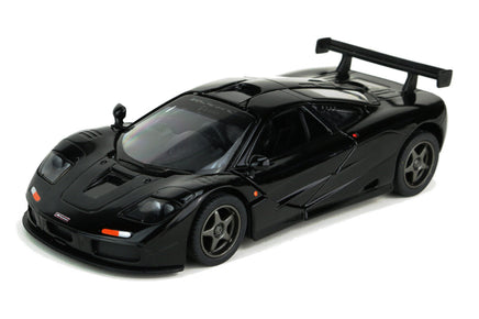 Kinsmart Modellauto McLaren F1 GTR  13cm, mit Flügeltüren, schwarzer Heckspoiler, Sonnenblende mit "GTR" Schriftzug, Farbvariante: Schwarz