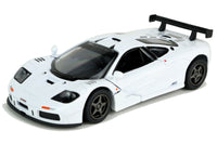 Kinsmart Modellauto McLaren F1 GTR  13cm, mit Flügeltüren, schwarzer Heckspoiler, Sonnenblende mit "GTR" Schriftzug, Farbvariante: Weiß