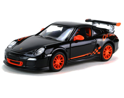 Kinsmart Modellauto Porsche 911 GT3 RS 13cm, Heckspoiler, "GT3RS" Schriftzug / Außenspiegel/ Felgen und Kühlergrillumrandung in orange, Farbvariante: Schwarz