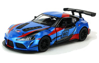 Kinsmart Modellauto Toyota GR Supra Racing Concept 13cm, Felgen/Außenspiegel/Heckspoiler/Belüftung Motorhaube in Schwarz, Nummer 90 auf Tür, Farbvariante: Blau mit rot-schwarzen Akzenten