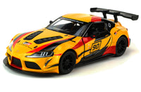 Kinsmart Modellauto Toyota GR Supra Racing Concept 13cm, Felgen/Außenspiegel/Heckspoiler/Belüftung Motorhaube in Schwarz, Nummer 90 auf Tür, Farbvariante: Gelb/Orange mit rot-schwarzen Akzenten