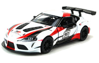 Kinsmart Modellauto Toyota GR Supra Racing Concept 13cm, Felgen/Außenspiegel/Heckspoiler/Belüftung Motorhaube in Schwarz, Nummer 90 auf Tür, Farbvariante: Weiß mit rot-schwarzen Akzenten
