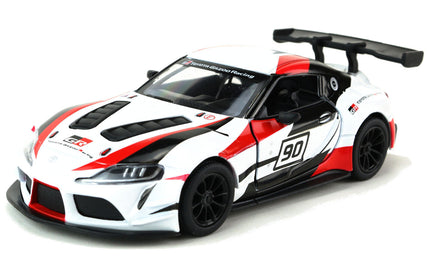 Kinsmart Modellauto Toyota GR Supra Racing Concept 13cm, Felgen/Außenspiegel/Heckspoiler/Belüftung Motorhaube in Schwarz, Nummer 90 auf Tür, Farbvariante: Weiß mit rot-schwarzen Akzenten