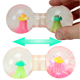 Knautschball in Form einer Hantel mit Glitzer und beweglichen Quallen