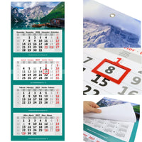 Kombi 4-Monatskalender 2027 mit Motiv Bergsee, Metallringöse, rotem Datumsschieber und Jahresübersichten