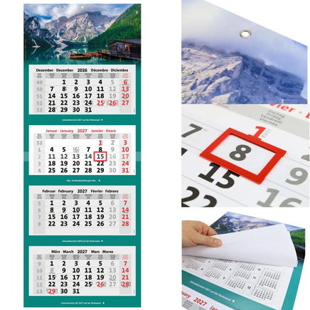 Kombi 4-Monatskalender 2027 mit Motiv Bergsee, Metallringöse, rotem Datumsschieber und Jahresübersichten