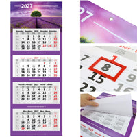 Kombi 4-Monatskalender 2027 mit Motiv Lavendel Feld, Metallringöse, rotem Datumsschieber und Jahresübersichten