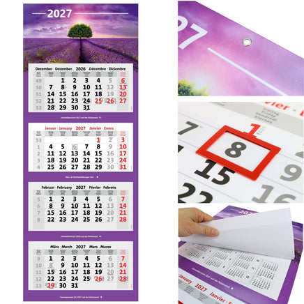 Kombi 4-Monatskalender 2027 mit Motiv Lavendel Feld, Metallringöse, rotem Datumsschieber und Jahresübersichten