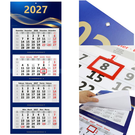 Kombi 4-Monatskalender 2027 mit Motiv Royal Waves, Metallringöse, rotem Datumsschieber und Jahresübersichten