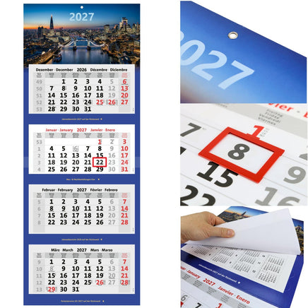 Kombi 4-Monatskalender 2027 mit Motiv Skyline London, Metallringöse, rotem Datumsschieber und Jahresübersichten