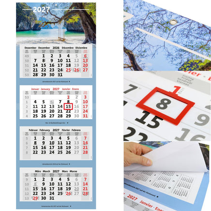 Kombi 4-Monatskalender 2027 mit Motiv Traumstrand, Metallringöse, rotem Datumsschieber und Jahresübersichten