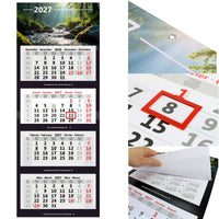 Kombi 4-Monatskalender 2027 mit Motiv Wald, Metallringöse, rotem Datumsschieber und Jahresübersichten