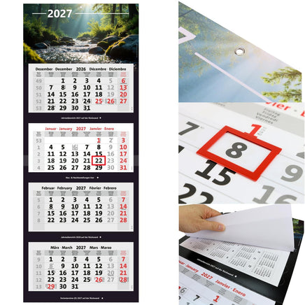 Kombi 4-Monatskalender 2027 mit Motiv Wald, Metallringöse, rotem Datumsschieber und Jahresübersichten