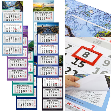 Kombi 4-Monatskalender 2027 mit verschiedenen Motiven, Metallringöse, rotem Datumsschieber und Jahresübersichten