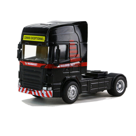 Mammoet Modell Scania Schwertransport 28cm, Zugmaschine in schwarz mit roten Akzenten, Schriftzug "Convoi Exceptionnel" auf gelben Hintergrund