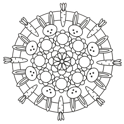 Mandala Malblock für Kinder, Beispiel Motiv mit Hasen, Blumen und Möhren